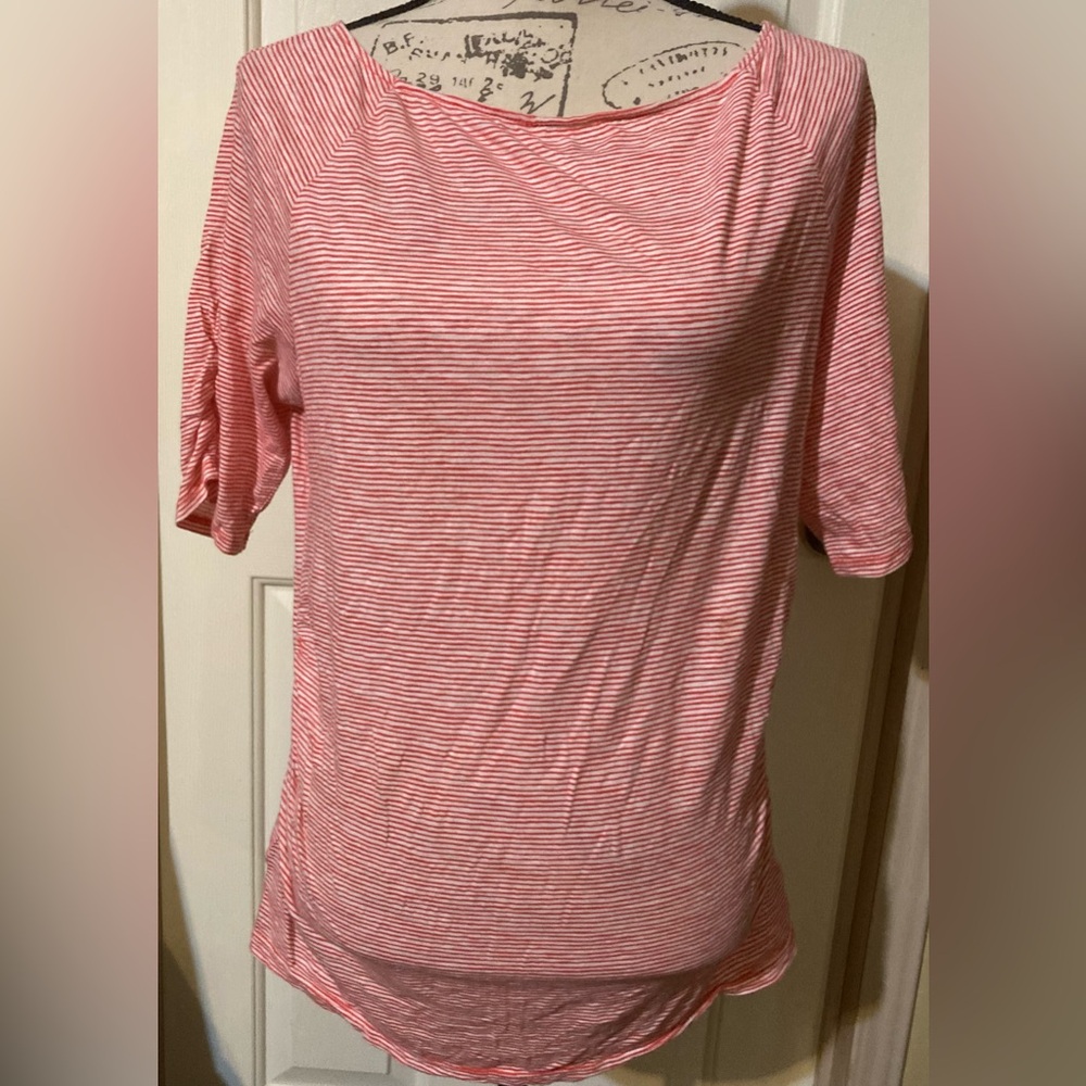 New York & Company Pink and White Striped Boatneck Top
